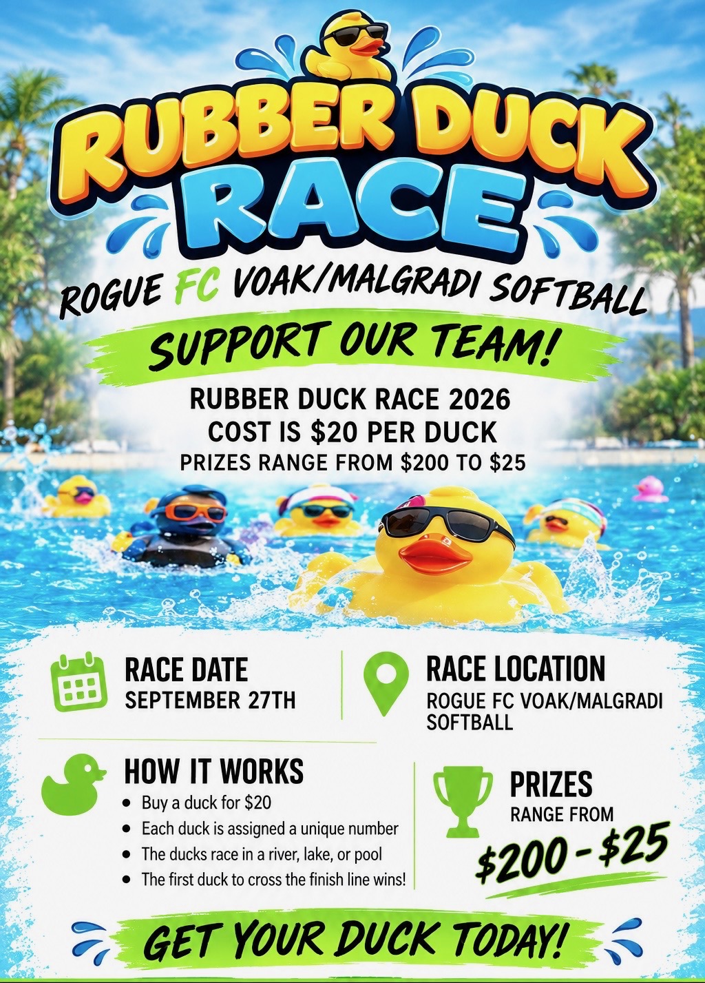 Rogue FC rubber duck race fundraiser flyer: $20 ducks, race September 27, 2026.